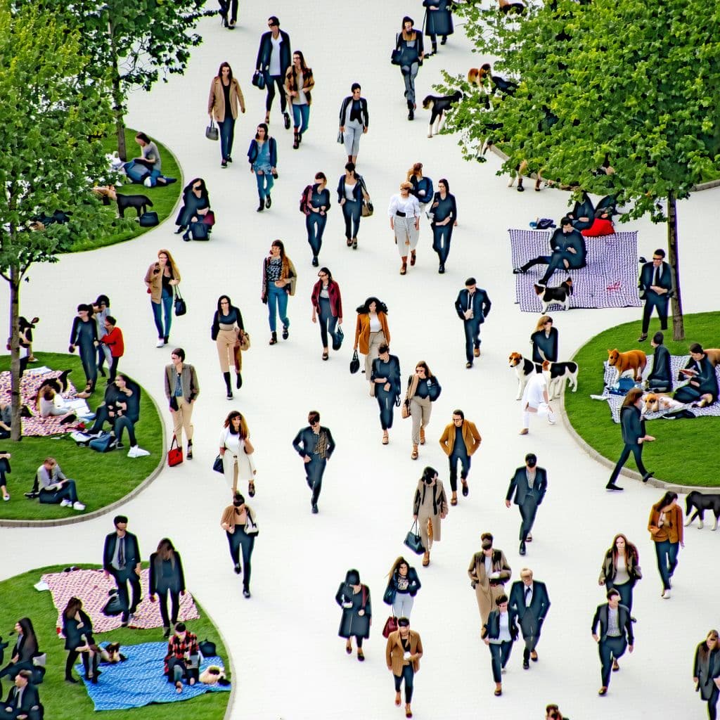 AI generated: image of a bustling urban park scene viewed from above, diverse groups of people engaged in various ...