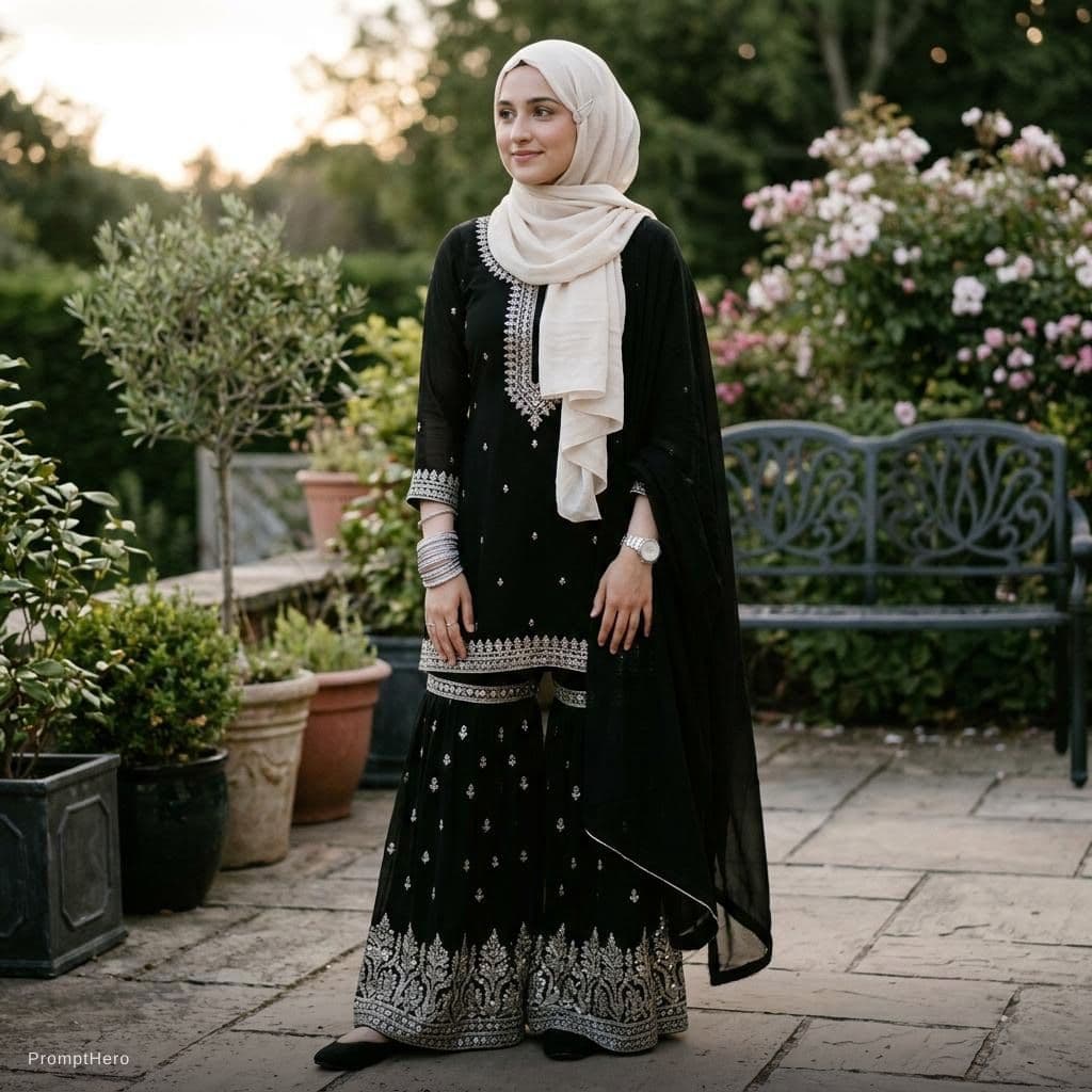 AI generated: create a girl wearing black sharara with sliver bangles with this a hijab in black she is little bit...