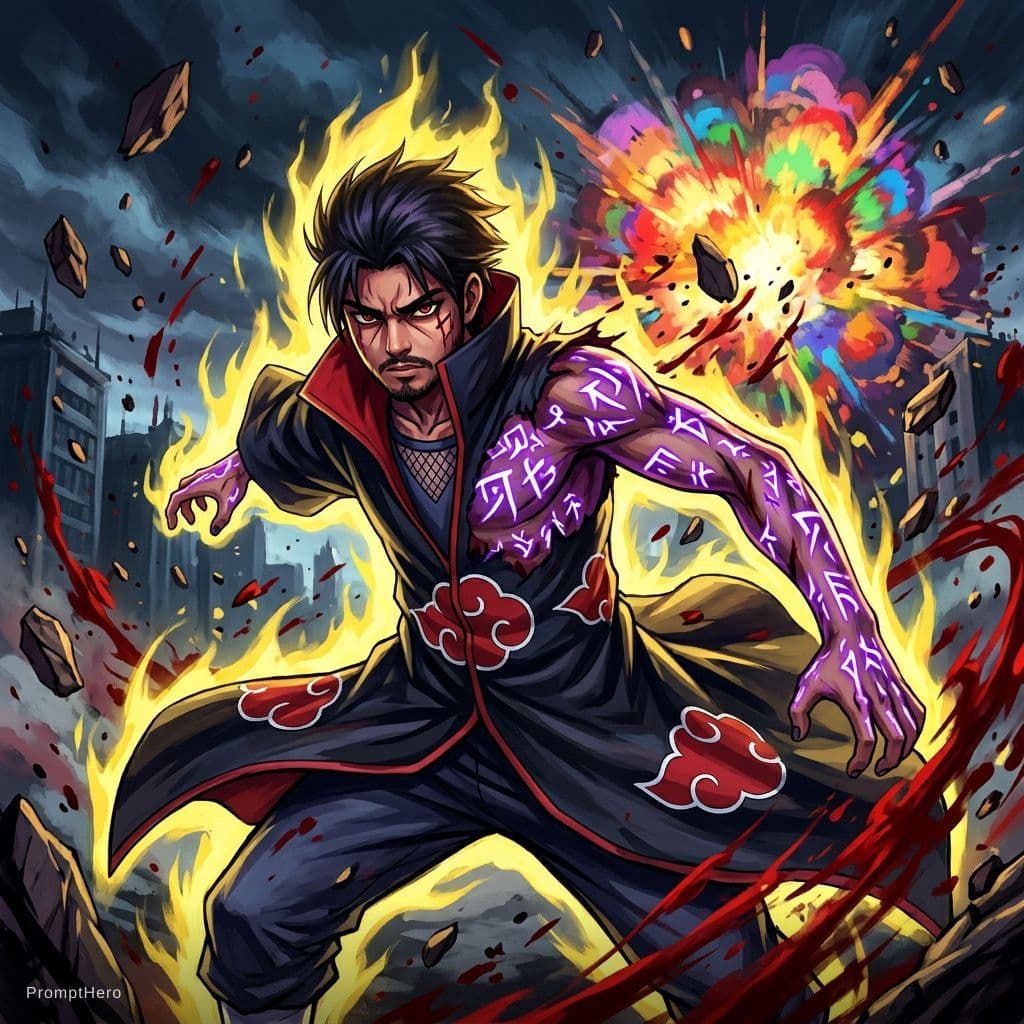 AI generated: "painterly style, male character looking like Itachi at war, wearing akatsuki suit, character design...