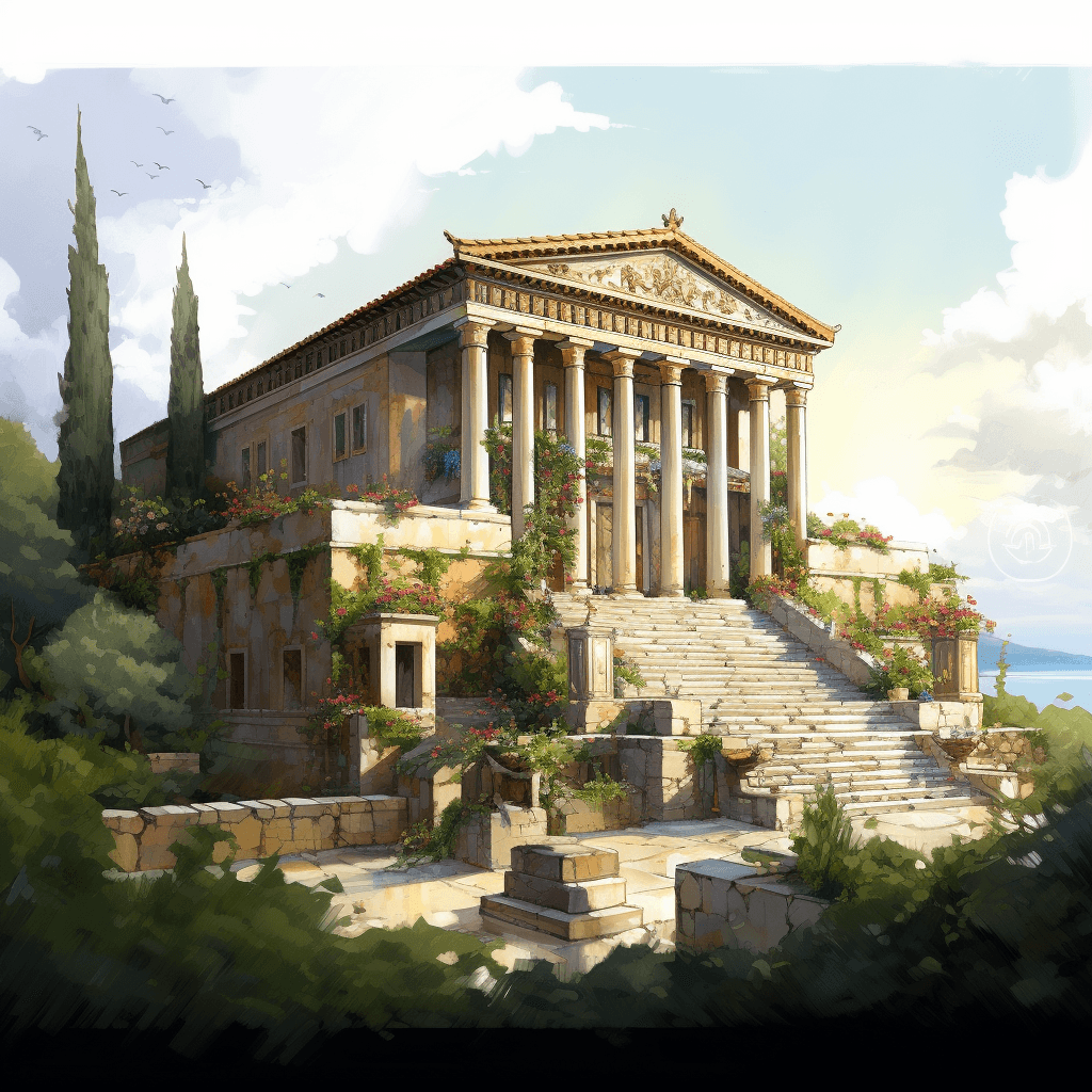 AI generated: watercolor rendering of an Mediterranean style, home with gardens, Watercolor, trending on artstatio...