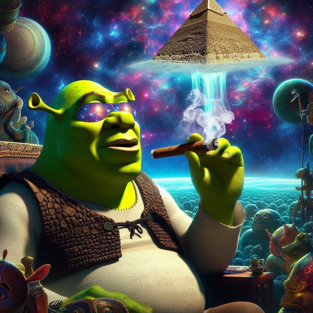 AI generated: Shrek smoking a cigar, hallucinating as the pyramid of Egypt ascends with thrusters into outer space...