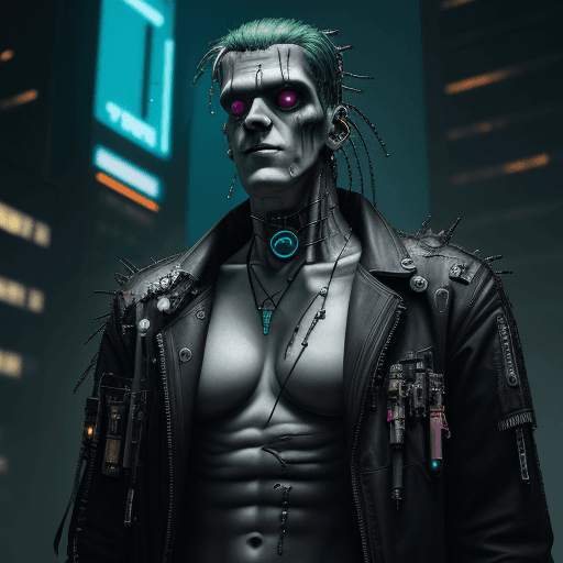 AI generated: cyberpunk frankenstein, technological modifications