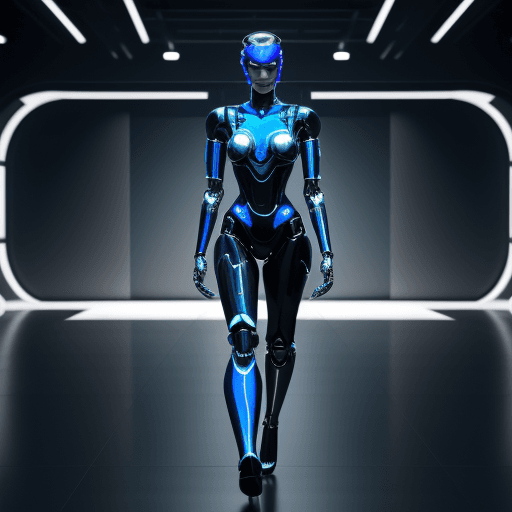 AI generated: A human model in a robot costume, 4K, a futuristic color, The Runway of Human models , a virtual aud...