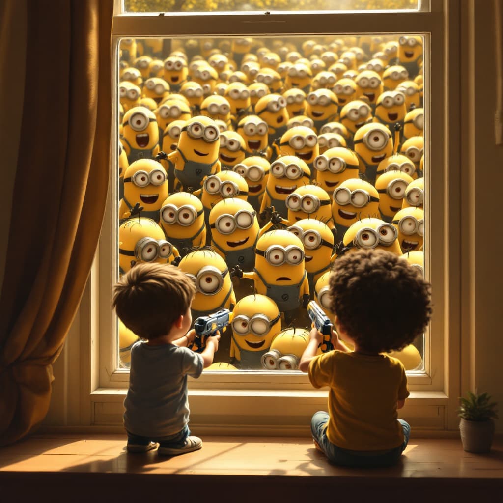 AI generated:  A boy and his dad looking from a window at daylight and sees many walking  Minions  . Their body ar...