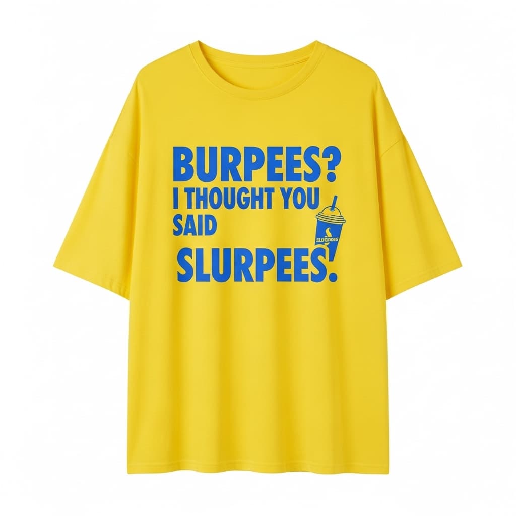 AI generated: Design a gym shirt for people who don’t go to the gym with “Burpees? I Thought You Said Slurpees.”
