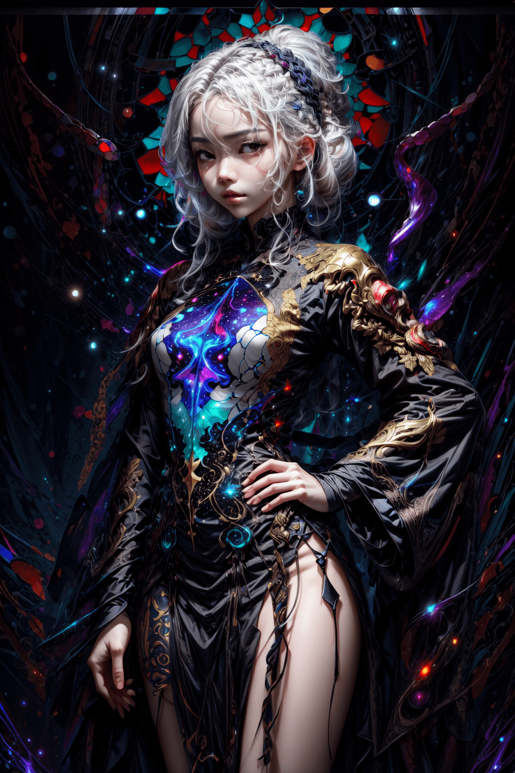 AI generated: (stained glass dress:1.5), (beautiful young Korean woman, with white hair in a braided ponytail, han...