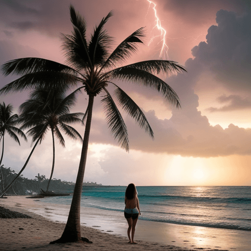 AI generated: a young girl in tattered shorts and shirt, looking down a beach with a low horizon, rows of date pal...