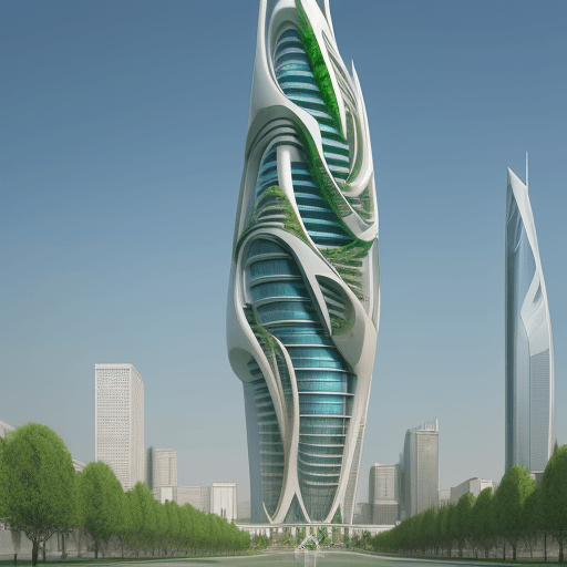 AI generated: High realistic TALL SKYSCRAPER, Tajikstan, green centeral garden,flame movement, BIG, Zaha Hadid, No...