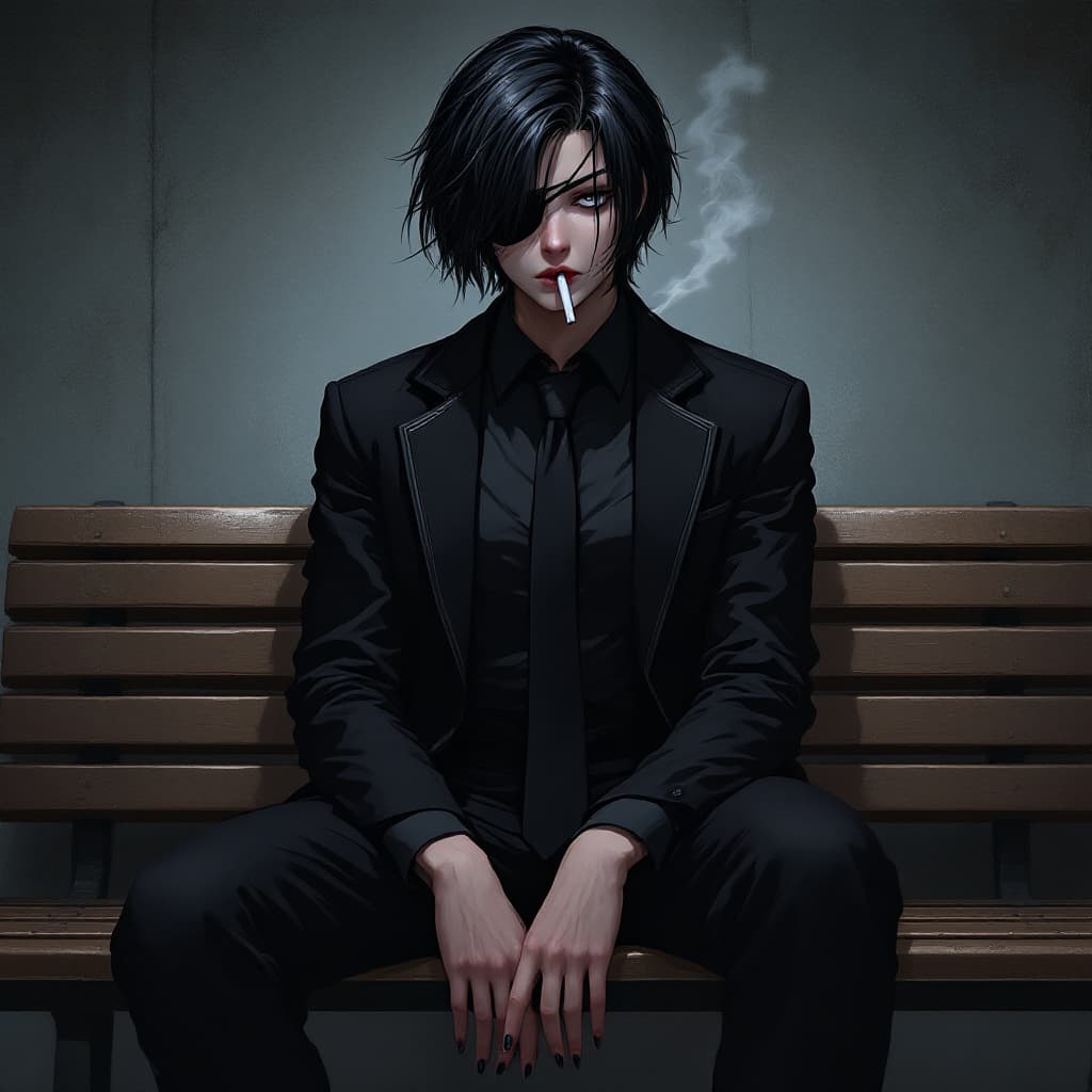 AI generated: full body portrait woman a powerful and dignified portrait ,one eyepatch, necktie, black short hair,...