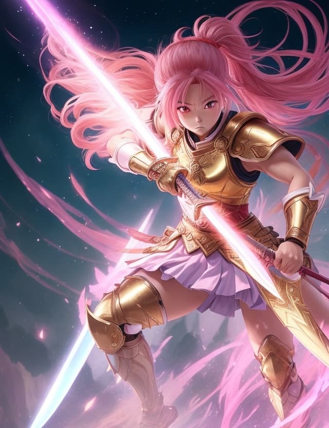 AI generated: Full length digital anime illustration, ((((a warrior swinging a sword )))),litlle asian girl , pony...