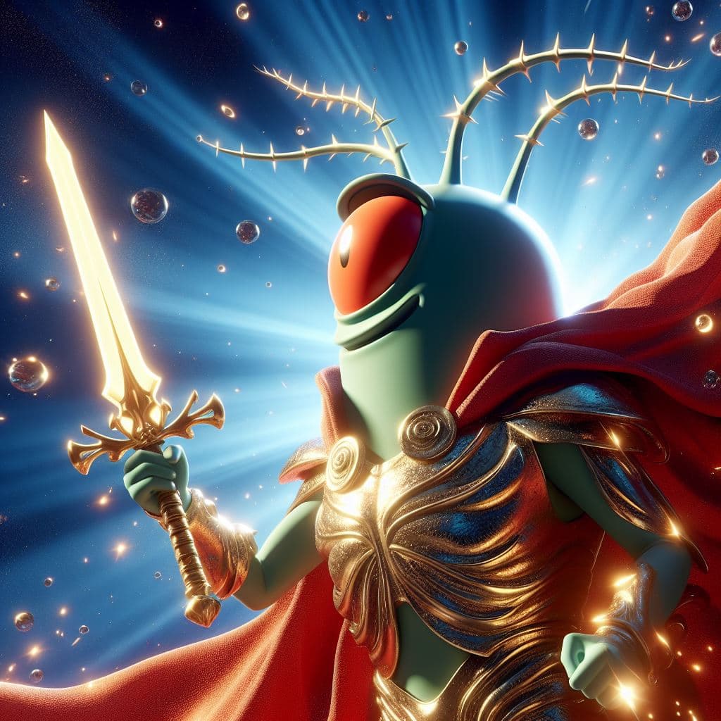 AI generated: plancton is the mightiest god with a sword, red eyes, heroic pose, divine and celestial light, maste...