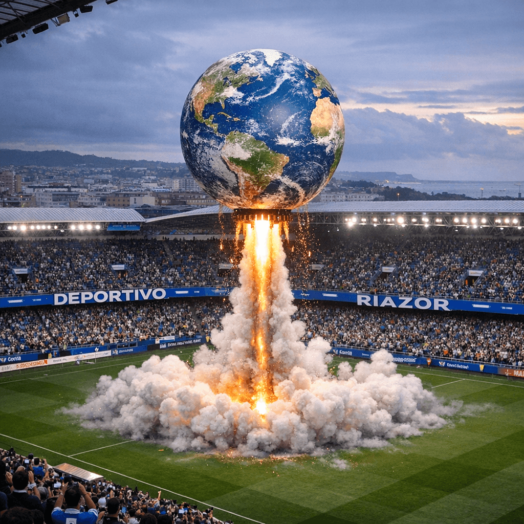 AI generated: un glovo terraqueo que despega desde el centro del estadio de riazor