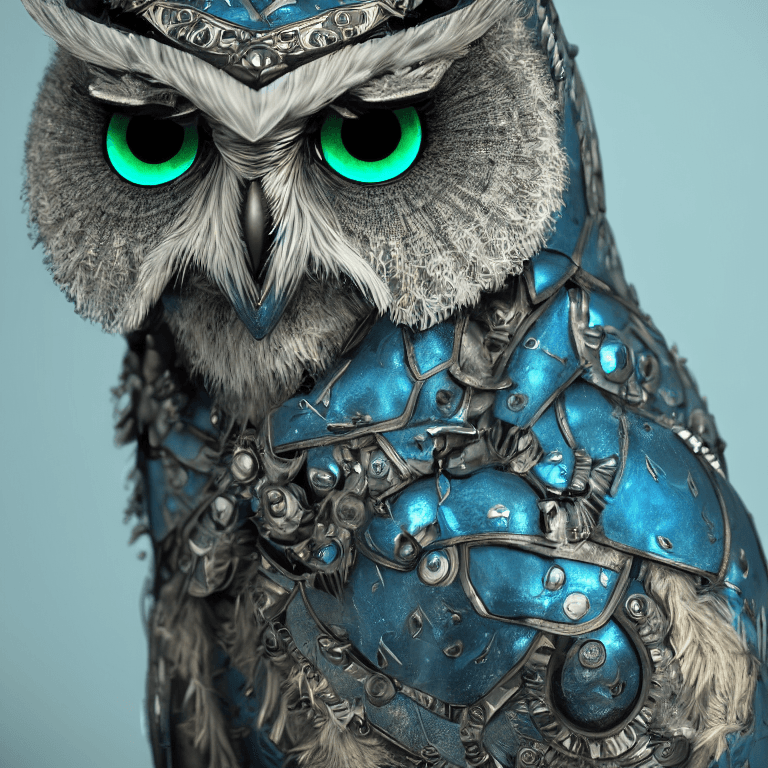 AI generated: Anthropomorphic blue owl, big green eyes, lots of details, portrait, finely detailed armor, cinemati...