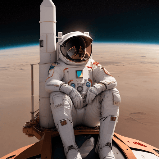 AI generated: Photo of a ultra realistic elon musk sitting on a rocket heading towards mars