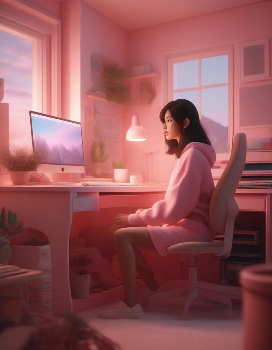 AI generated: cute lofi girl in front of his computer in her cozy and messy room, unreal engine 5 render, gorgeous...