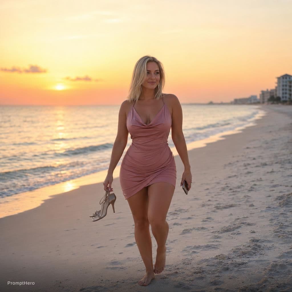 AI generated: Slavic Hot 33 year old Hot mom she Has tall Thick thighs posing while walking in a Beach during suns...