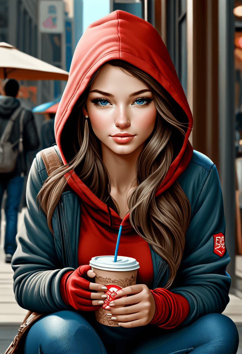AI generated: The image features a woman wearing a red hoodie, standing on a street and holding a cup of coffee. S...