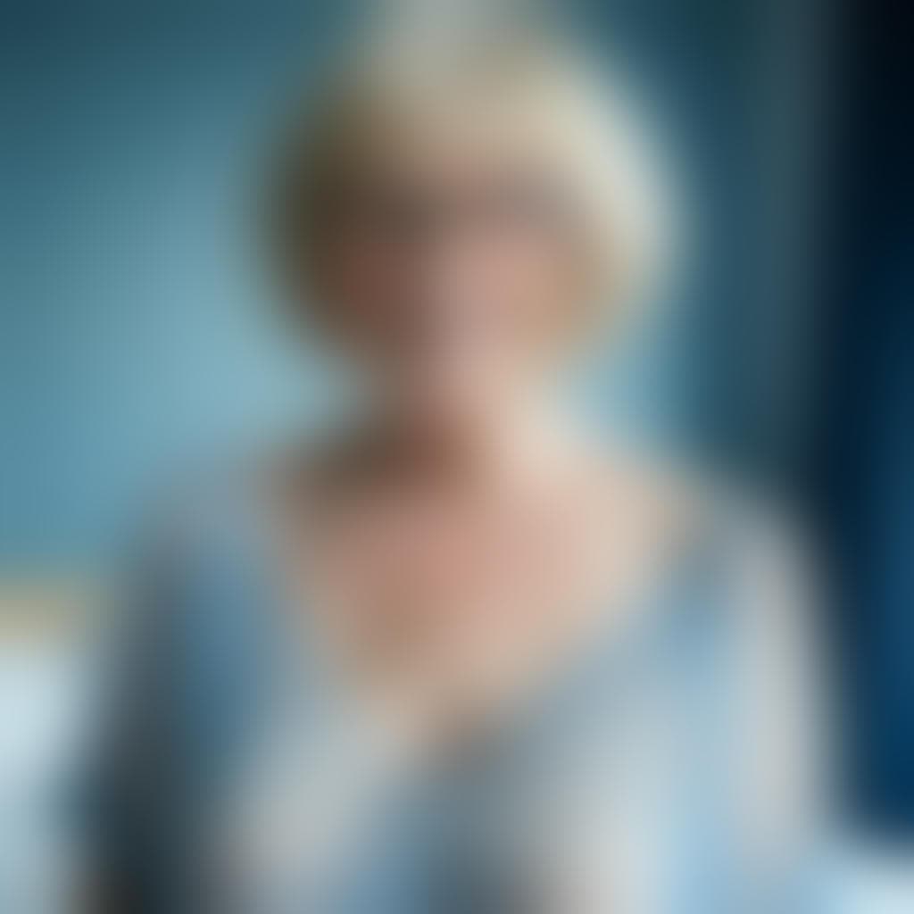 AI generated:   Mature old 6's slim woman, blonde short hair with bangs, glasses smile, transparent light blue nig...