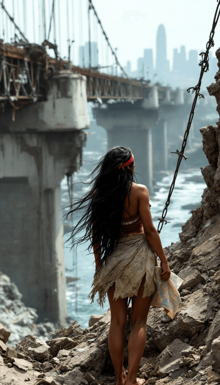 AI generated: Full body view of Moana, 18 years old, long black hair tangled with debris, wearing red bandana, bar...