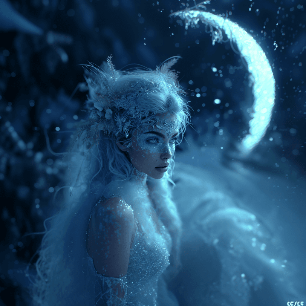 AI generated: Beautiful platinum hair ice queen under the moon 