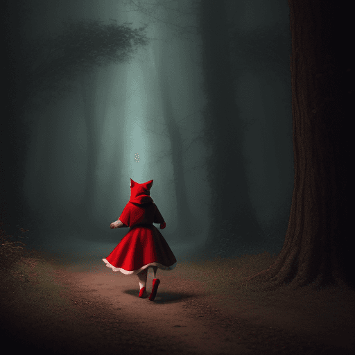 AI generated: anthropomorphic cute cat, wearing the costume of the fairy tale character Little Red Riding Hood, re...