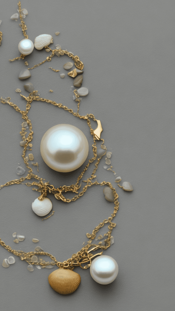 AI generated: Tiffany brand advertisment, sea sand and pebbles, open shell with a pearl