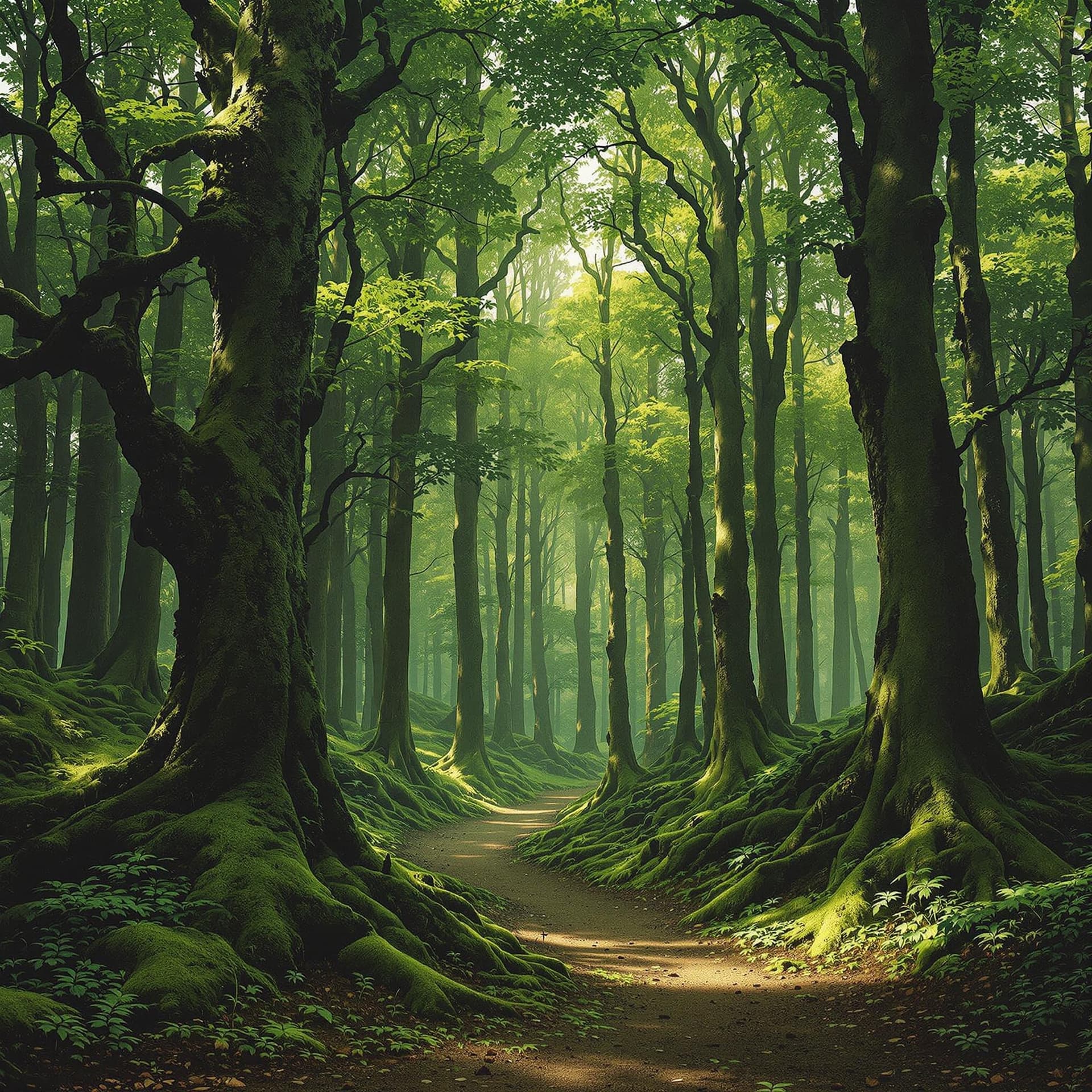 AI generated: A lush, green forest with tall trees and a soft, loamy earth beneath your feet, Zdzislaw Beksinski, ...