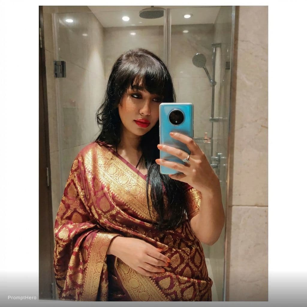AI generated: Girl taking a mirror selfie, wearing saree.