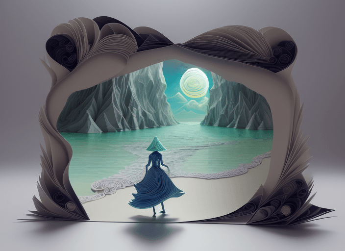 AI generated: Surreal Women walking at beach, Paper art, paper quilling, paper illustration, Magical, Fantasy,  hd...