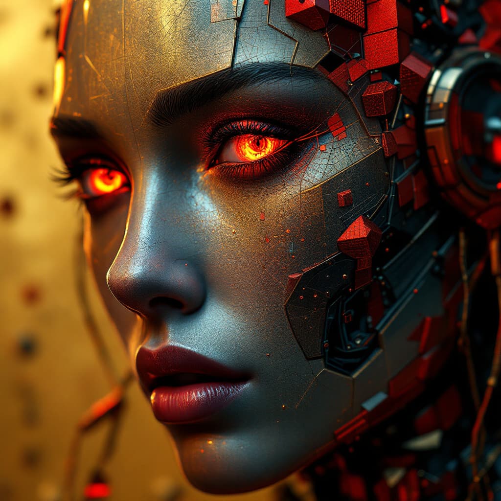 AI generated: robot & men 2 beta 1 3 3 0, in the style of illusory wallpaper portraits, colorful realism, modular,...