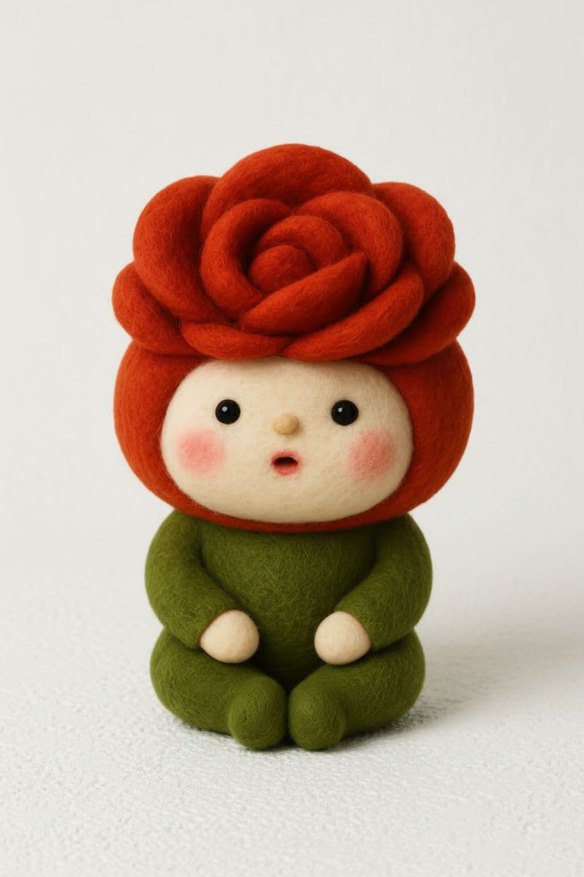 AI generated: A cute felted wool art doll, sitting, wearing a red rose hat with a beige face and rosy cheeks, and ...
