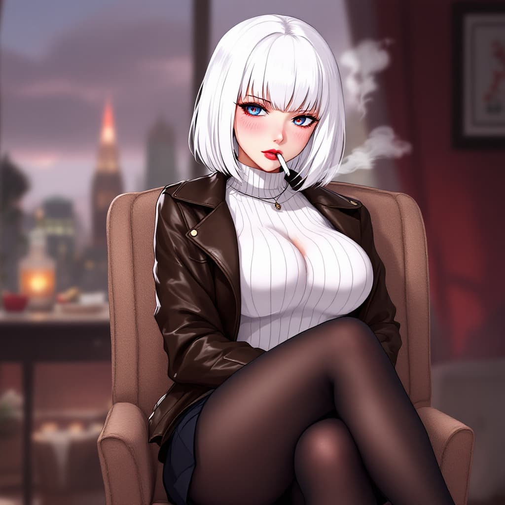AI generated: anime, woman, white hair, bob cut, blue eyes, freckles, red lips, white sweater, tight sweater, shor...