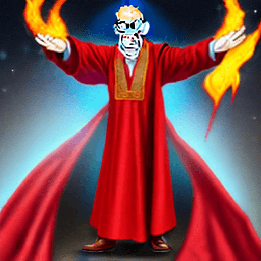 AI generated: professor  Farnsworth, realistic, dressed in red robes covered in mystic symbols stars and moons, ba...