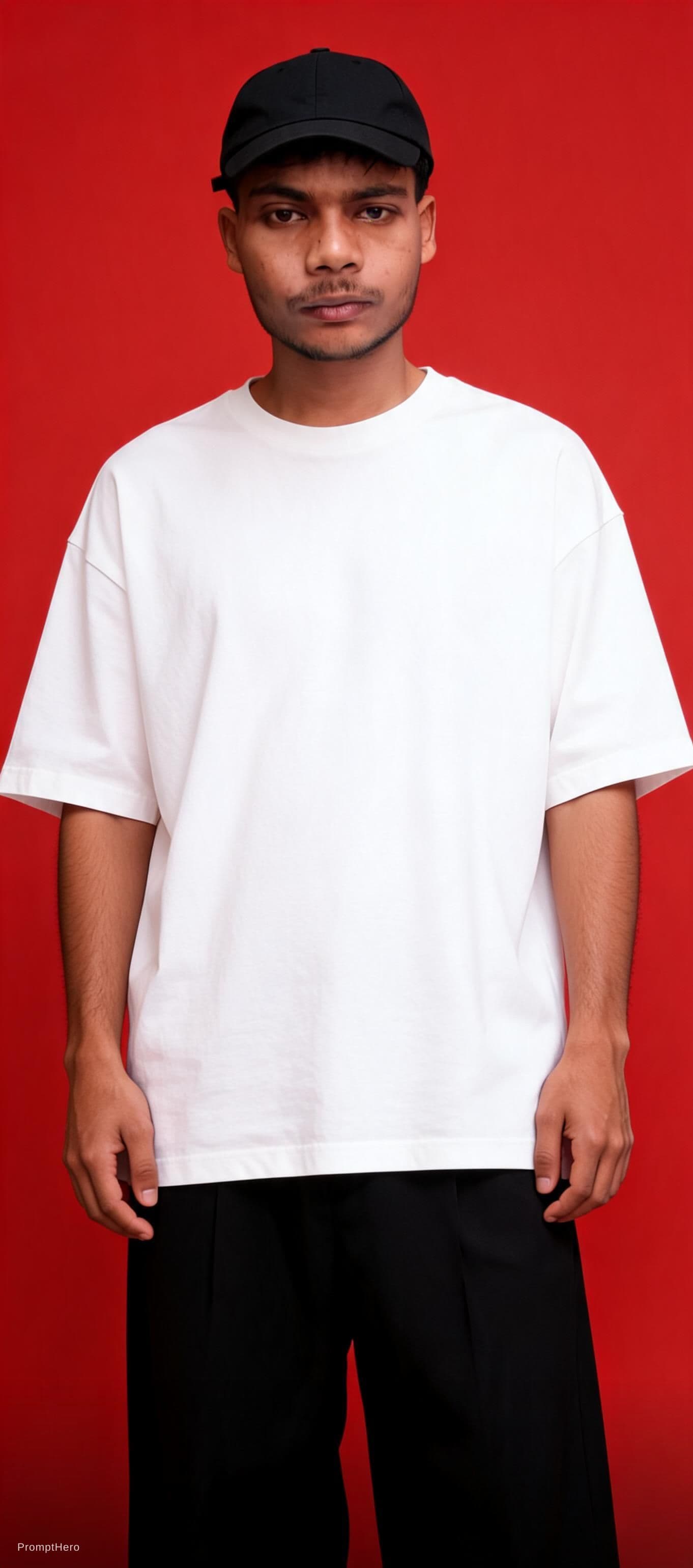AI generated: capturing a casual yet stylish vibe, a figure in a loose, oversized black street wearing and wide-le...