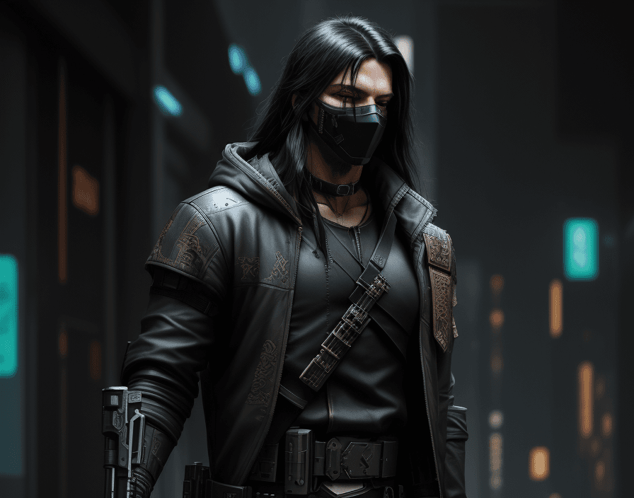 AI generated: Cyberpunk, robin hood, Heavy Pistol, stylish, masked, dark clothes, black long hair, male, kapiszon,...