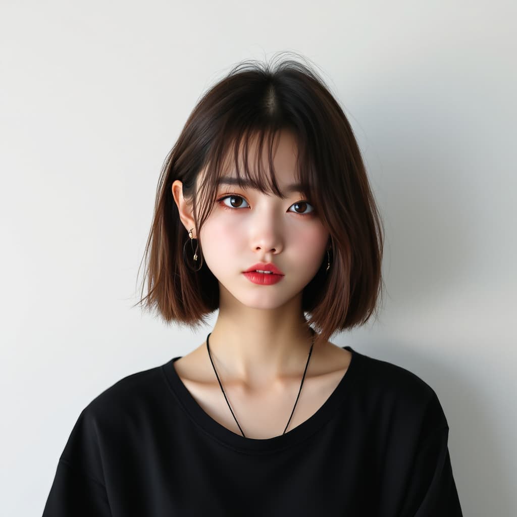 AI generated: beautiful amateur image of an 18 year old Japanese girl, with a mischievous look, serious face, earr...
