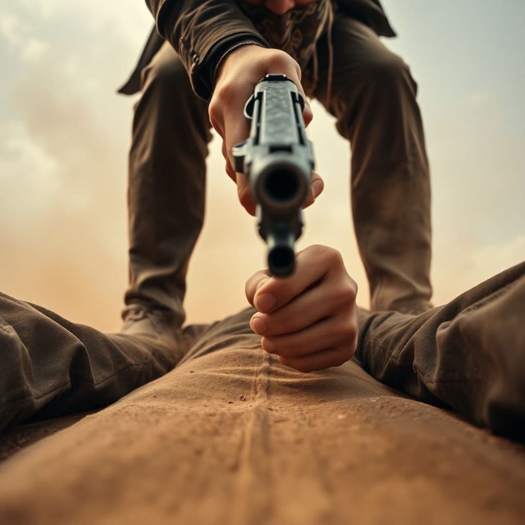 AI generated: Eye-level from the ground. From the perspective of someone lying on the dusty ground, a cowboy stand...