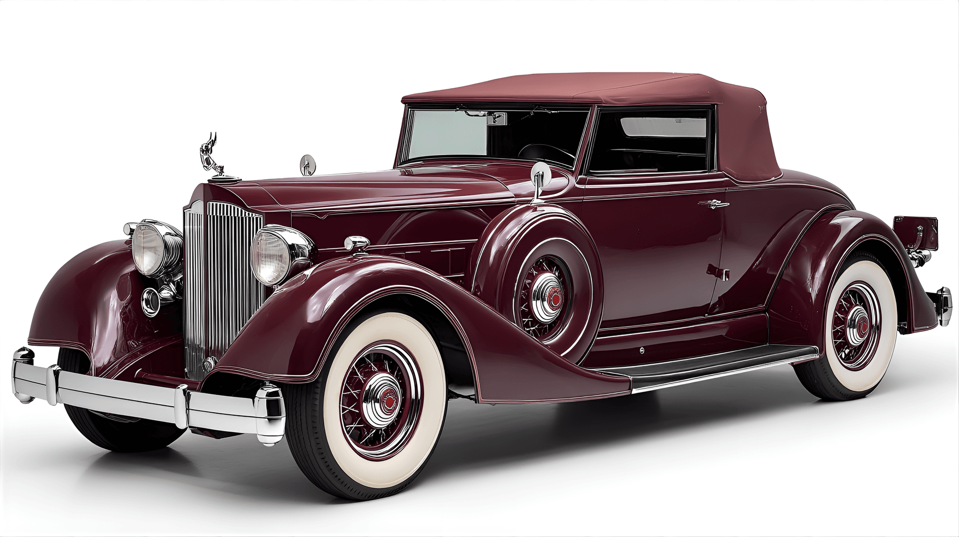 AI generated: 1934 Packard Twelve convertible, rendered in deep maroon, showcasing its long hood,
luxurious chrom...