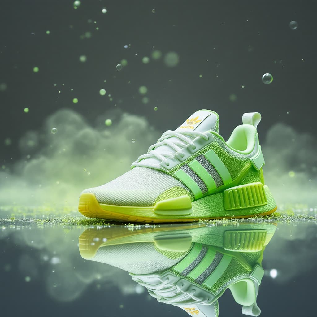AI generated: photograph, productive, Adidas , white and Green ange, yellow, reflection