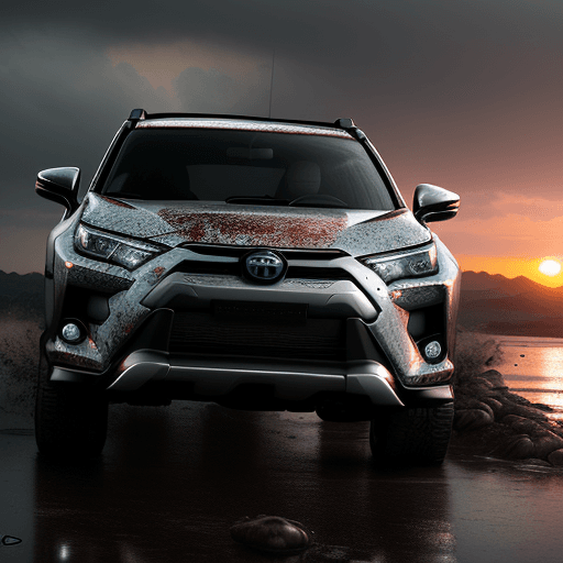 AI generated: Photo of a ultra realistic radical super toyota rav 4 of futur, cross river, dramatic light, pale su...