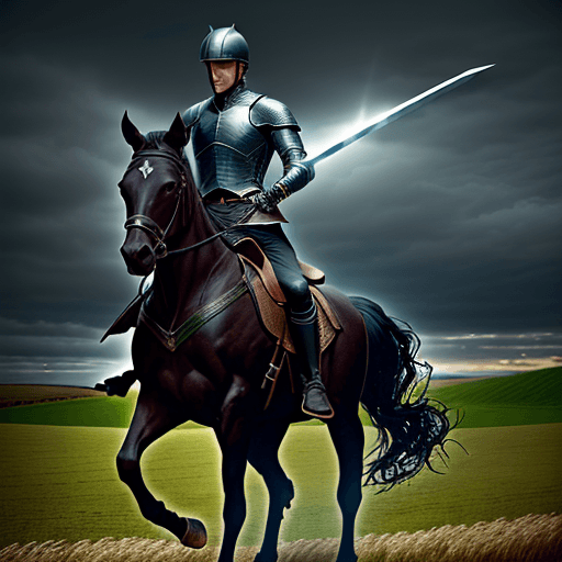 AI generated: A dark horse rider with a sword in a field, cinemátic photography, HD 4K, realistic style, cold colo...