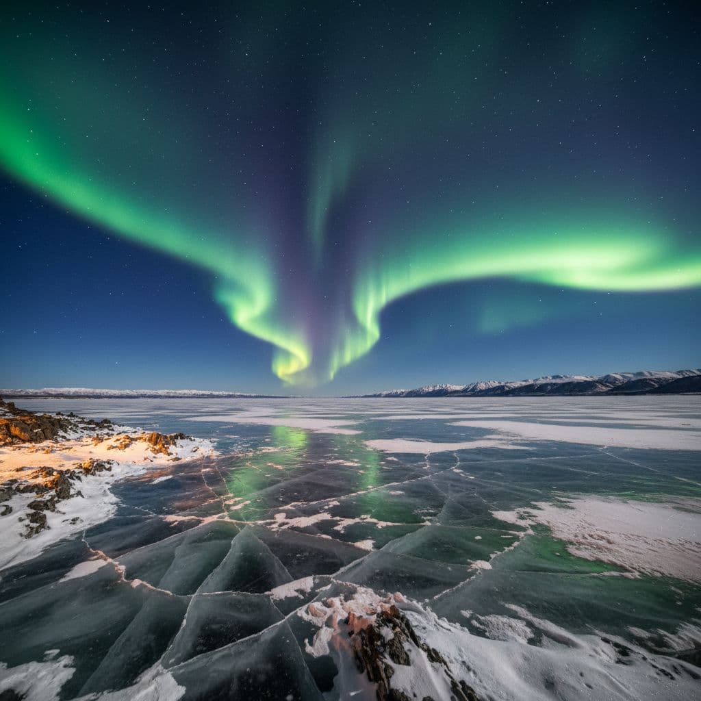AI generated: "Frozen lake with glowing northern lights, high-contrast lighting, ambient cinematic depth"