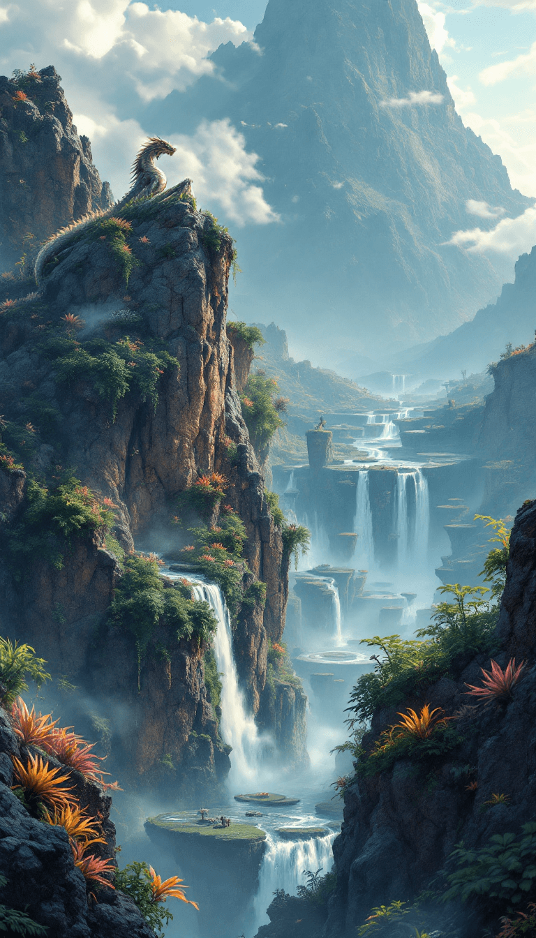 AI generated: A majestic Dragon perched on a craggy mountaintop, overlooking a mystical valley filled with floatin...