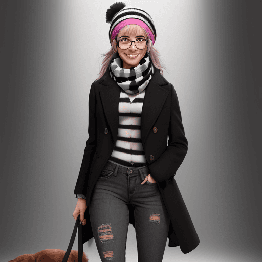 AI generated: Figure of a smiling female, wearing a black and white stripes shirt, a grey scarf, a green long wool...