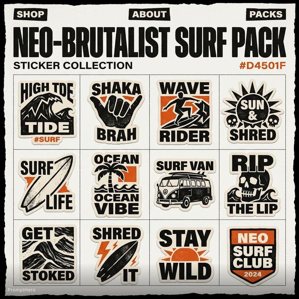 AI generated: Neo brutalist surf-themed sticker pack for in a neo-brutalist website. accent color: #D4501F