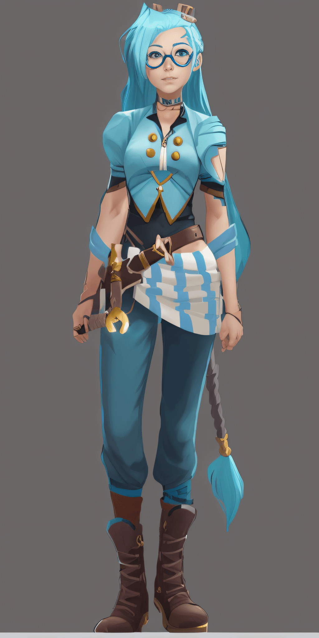 AI generated: a woman with blue hair and glasses holding a sword, detailed full body concept art, jrpg character, ...