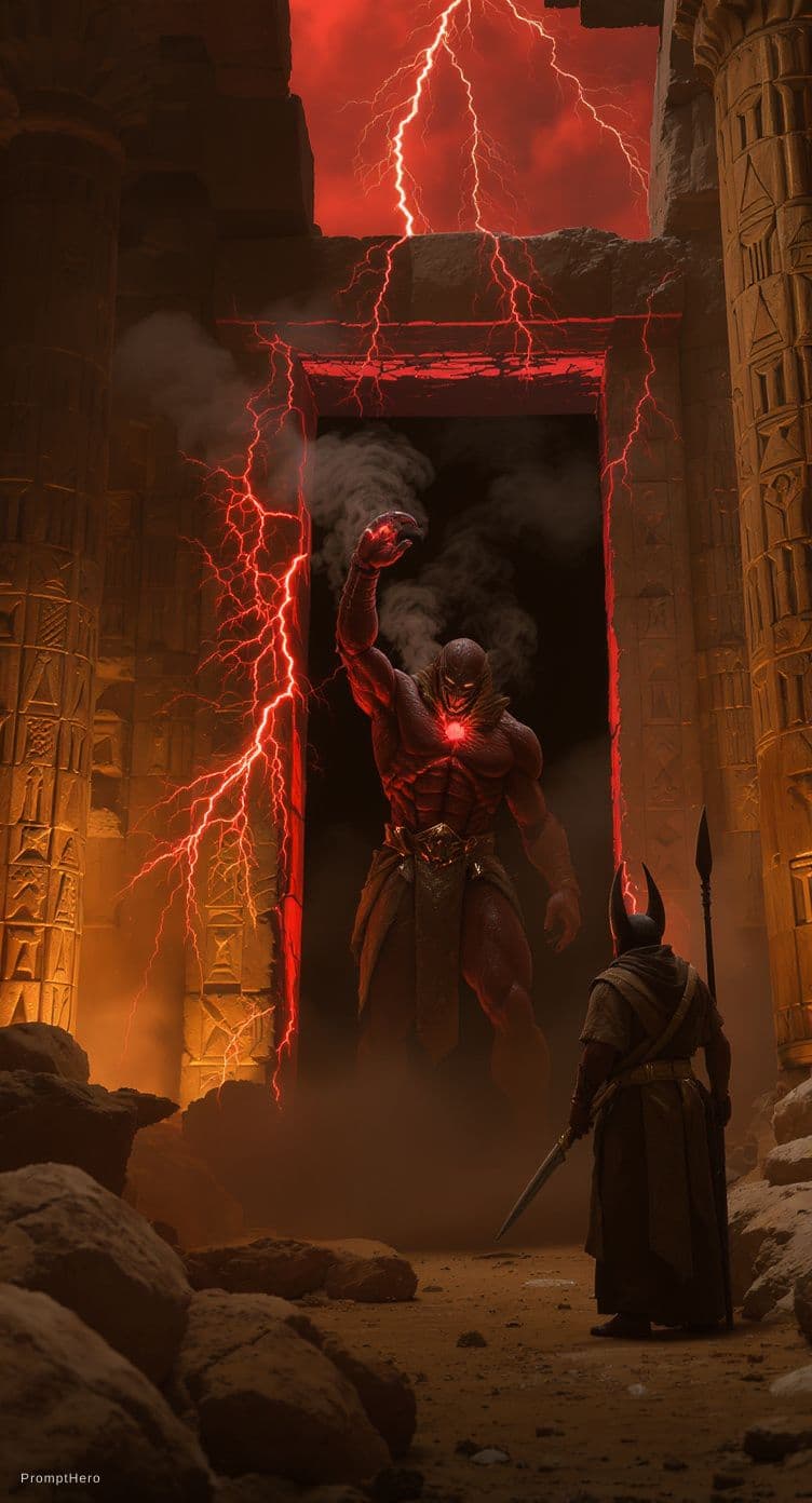 AI generated: Cinematic wide shot inside a ruined Egyptian temple. The Scorpion King (half‑human, half‑scorpion) s...