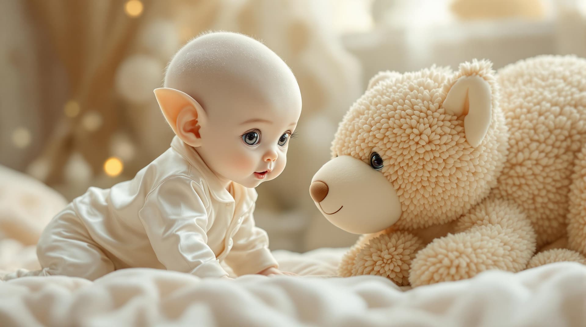 AI generated:  a beautiful and (cute alien baby ) with topaz color eyes,pointed ears, wearing a silk white adorabl...