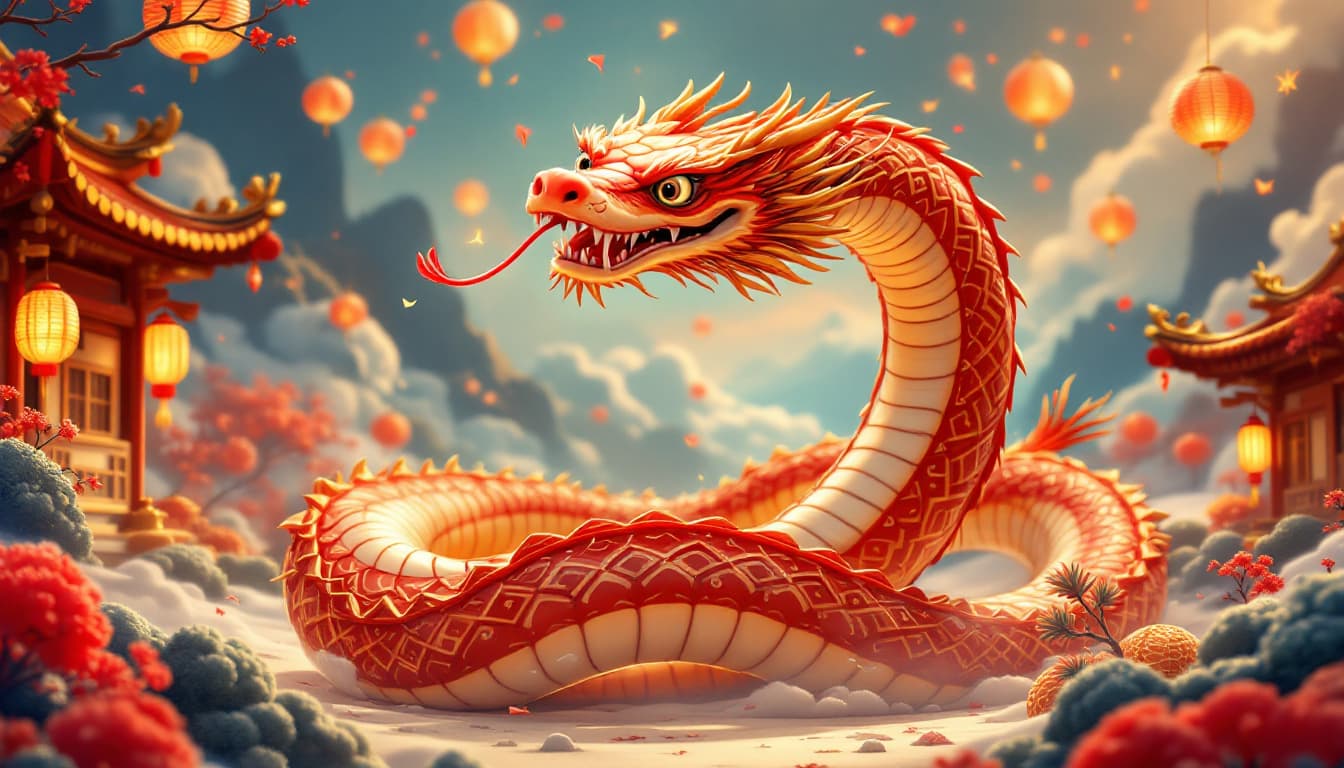 AI generated: lunar new year Wood Snake, in the style of Pixar animation, traditional Chinese cultural themes, int...