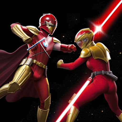 AI generated:  RED SPANDEX SUIT, WITH GOLD GLOVES AND BOOTS , wearing a RED ranger helmet HOLDING a lightsaber vs ...